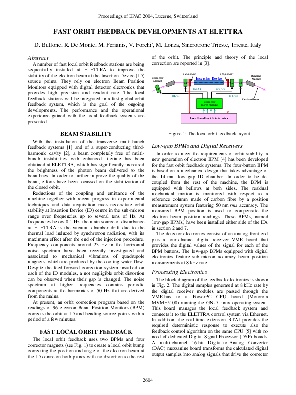 (PDF) Fast Orbit Feedback Developments at Elettra