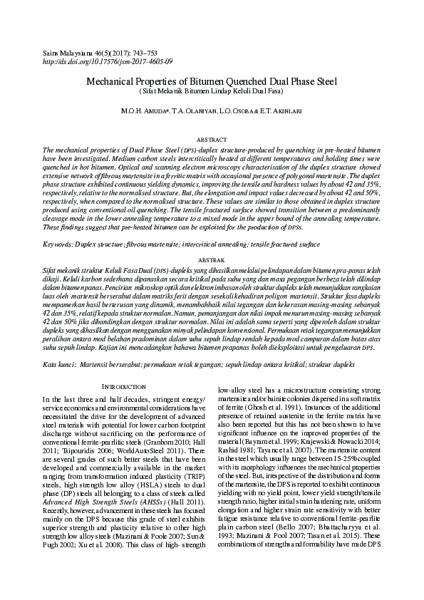(PDF) Mechanical Properties of Bitumen Quenched Dual Phase Steel