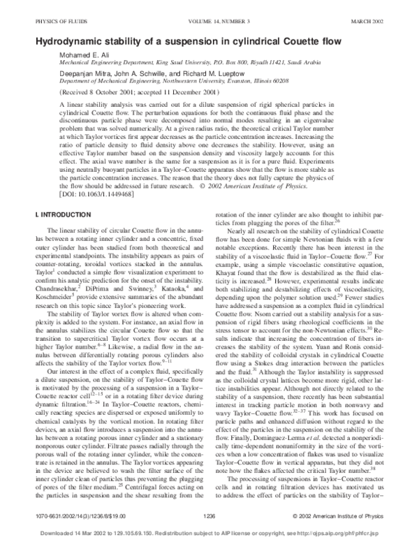 (PDF) Hydrodynamic stability of a suspension in cylindrical Couette flow