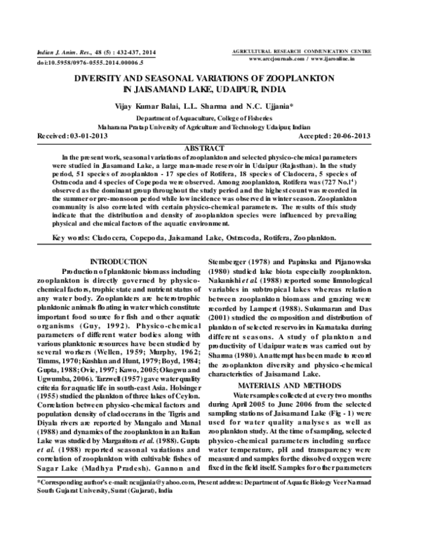 (PDF) Diversity and seasonal variations of zooplankton in Jaisamand ...