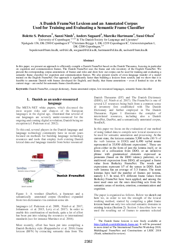 (PDF) A Danish FrameNet Lexicon and an Annotated Corpus Used for ...
