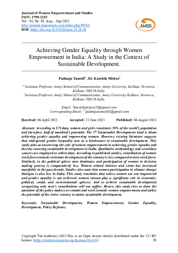 (PDF) Achieving Gender Equality through Women Empowerment in India: A ...