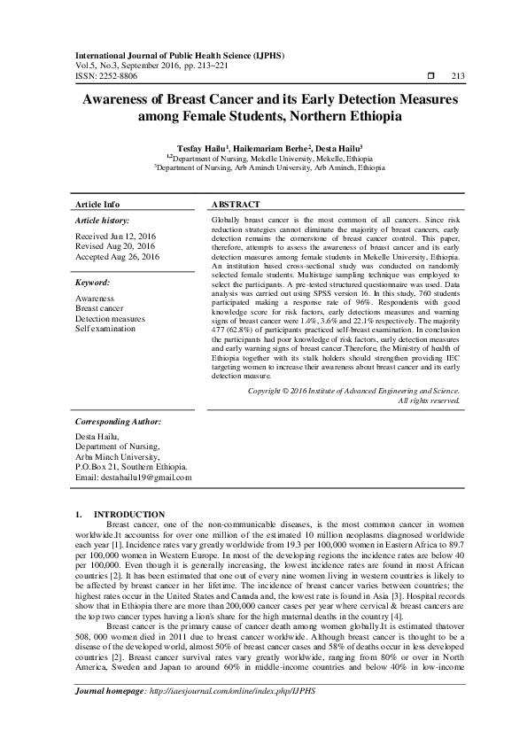 (PDF) Awareness of Breast Cancer and its Early Detection Measures among ...