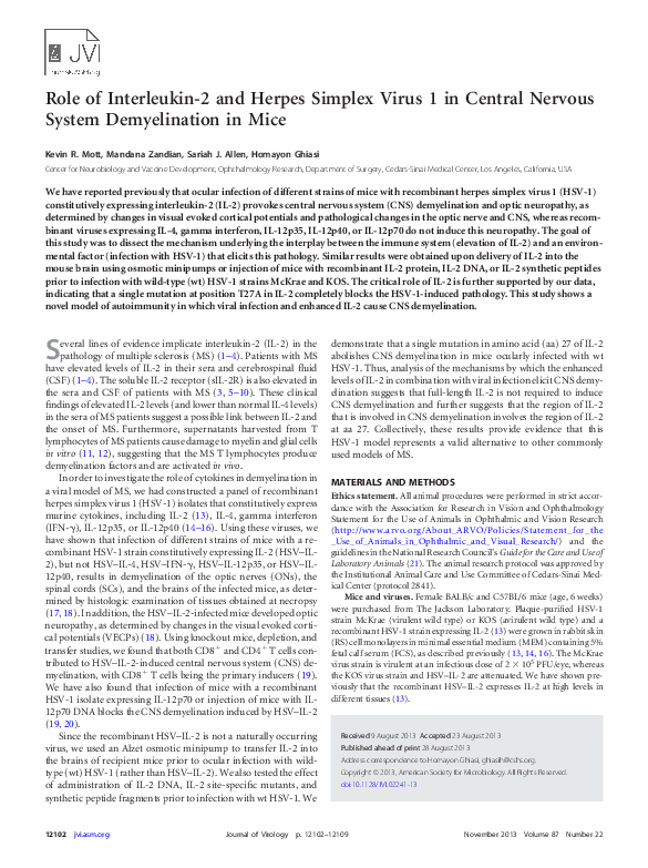 (PDF) Role of Interleukin-2 and Herpes Simplex Virus 1 in Central ...