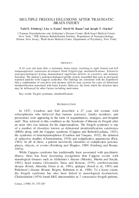 (PDF) Multiple Fregoli Delusions after Traumatic Brain Injury