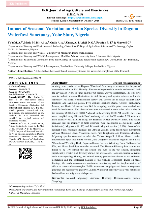 (PDF) Impact of Seasonal Variation on Avian Species Diversity in Dagona ...
