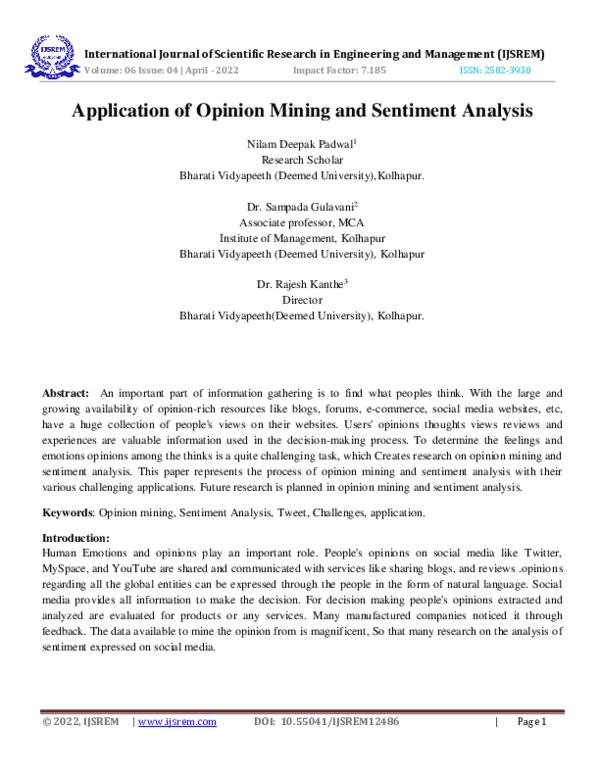 (PDF) Application of Opinion Mining and Sentiment Analysis