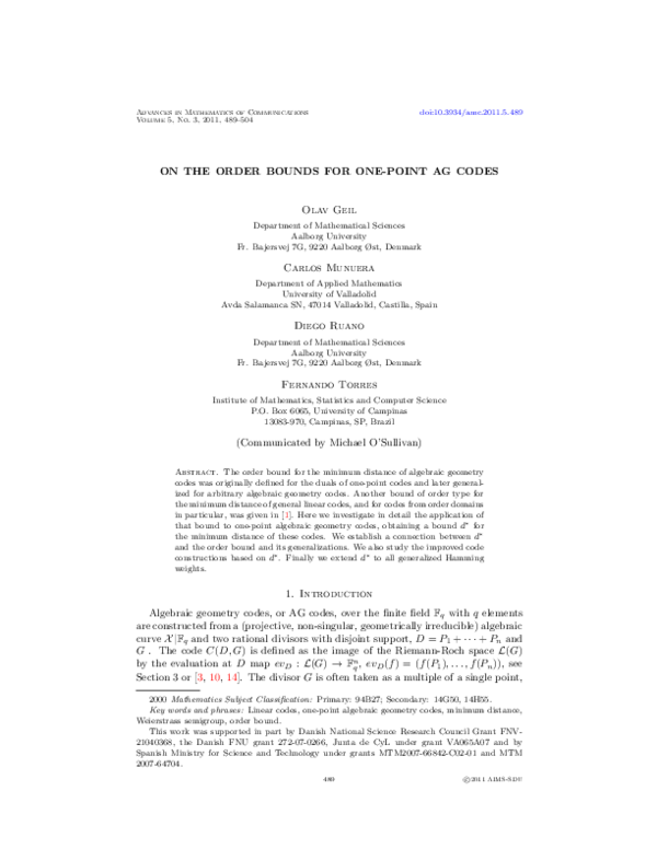 (PDF) On the order bounds for one-point AG codes