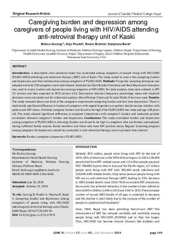 (PDF) Caregiving burden and depression among caregivers of people ...