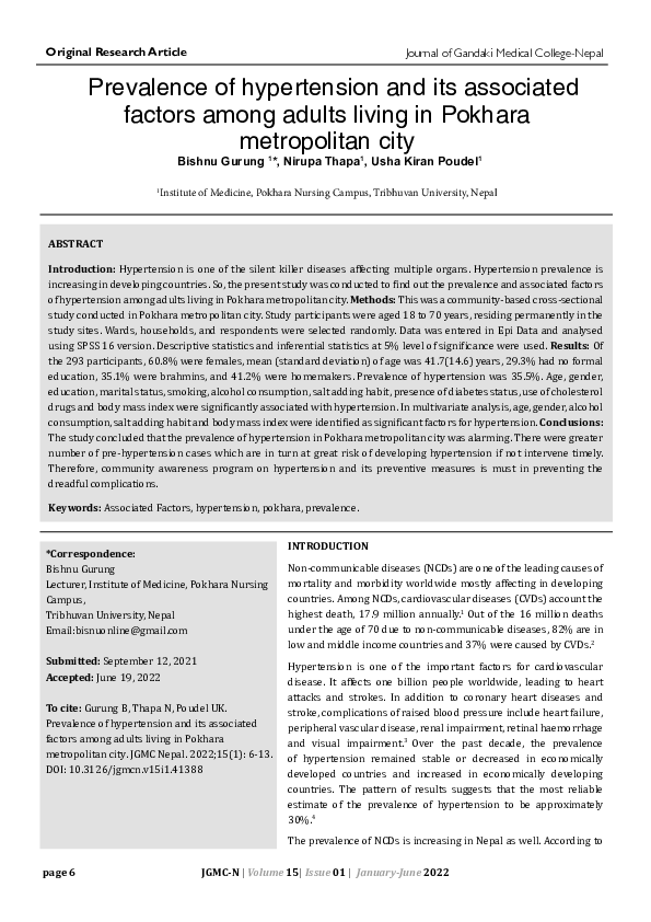 (PDF) Prevalence of hypertension and its associated factors among ...