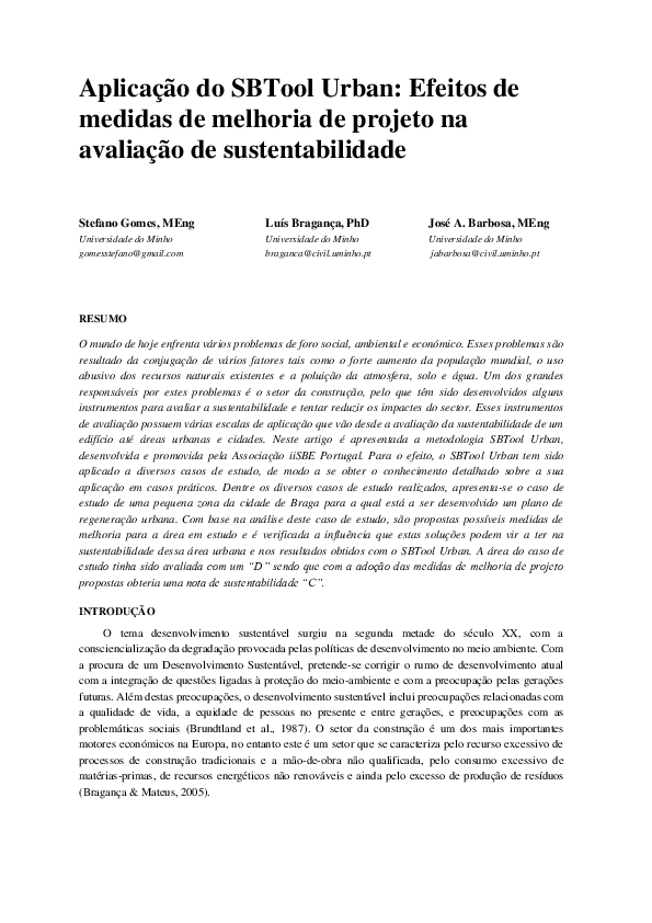 (PDF) Aplicação do SBTool Urban: efeitos de medidas de melhoria de ...