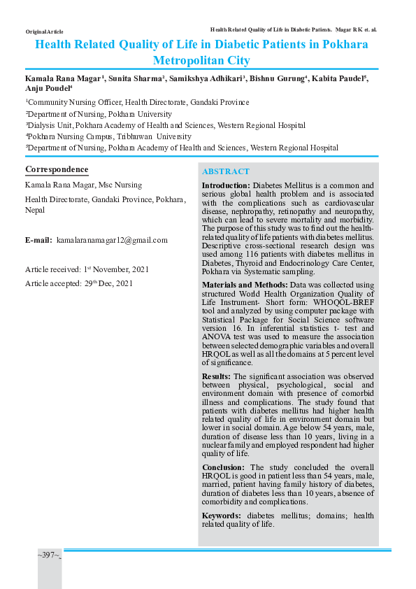 (PDF) Health Related Quality of Life in Diabetic Patients in Pokhara ...