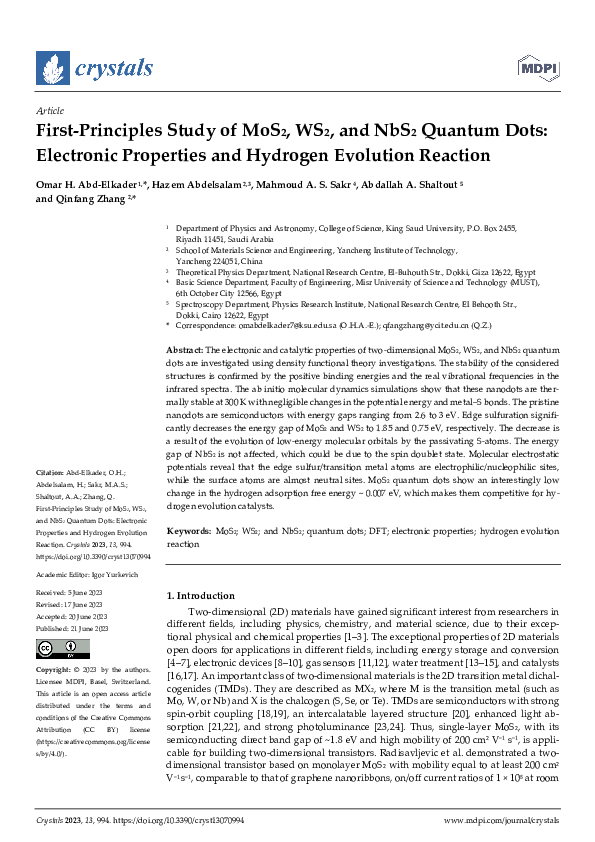 (PDF) First-Principles Study of MoS2, WS2, and NbS2 Quantum Dots ...