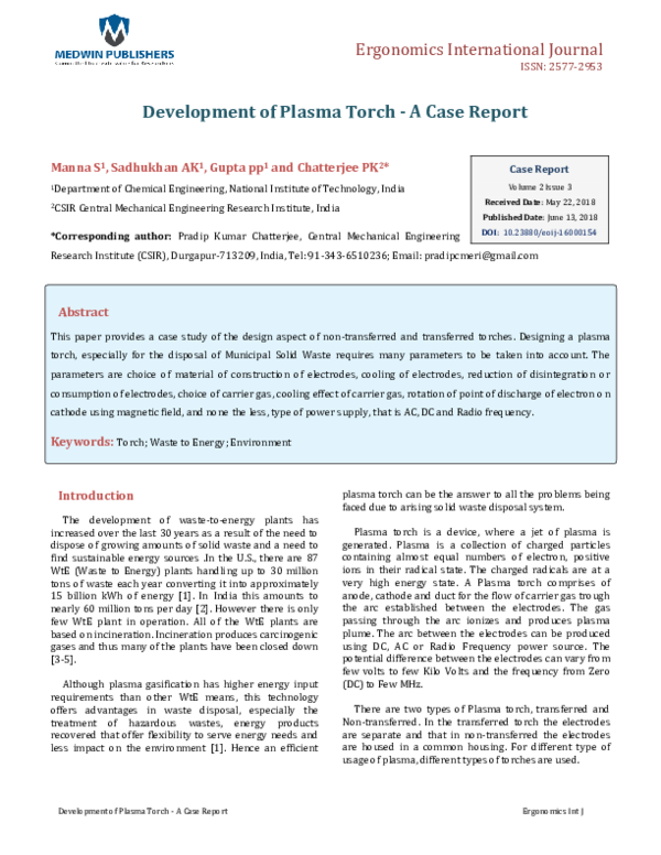 (PDF) Development of Plasma Torch - A Case Report
