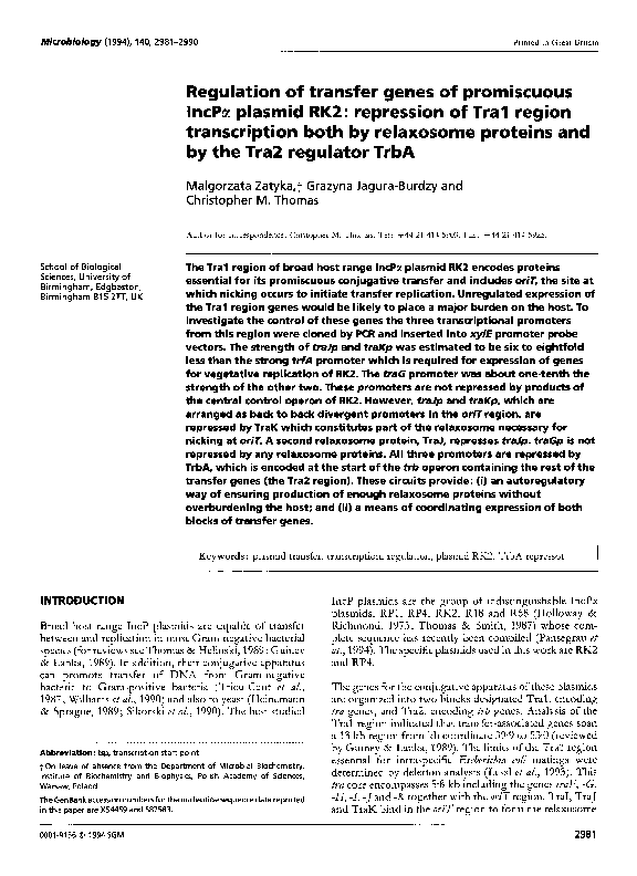 (PDF) Regulation of transfer genes of promiscuous IncP plasmid RK2 ...