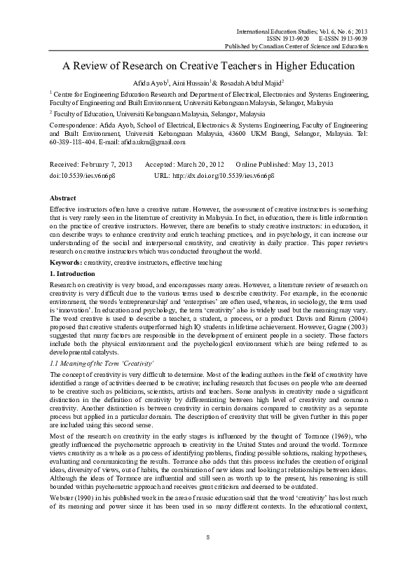 (PDF) A Review of Research on Creative Teachers in Higher Education