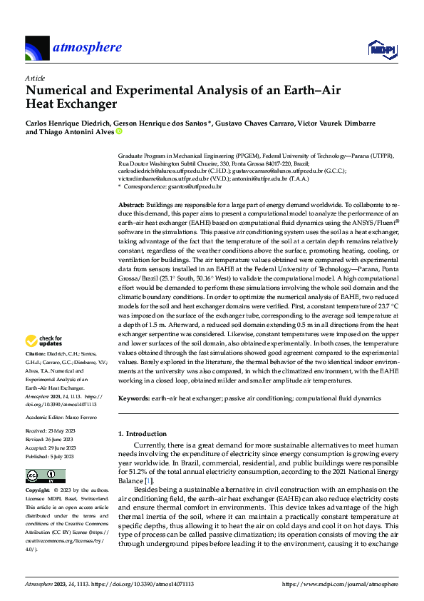 (PDF) Numerical and Experimental Analysis of an Earth–Air Heat Exchanger