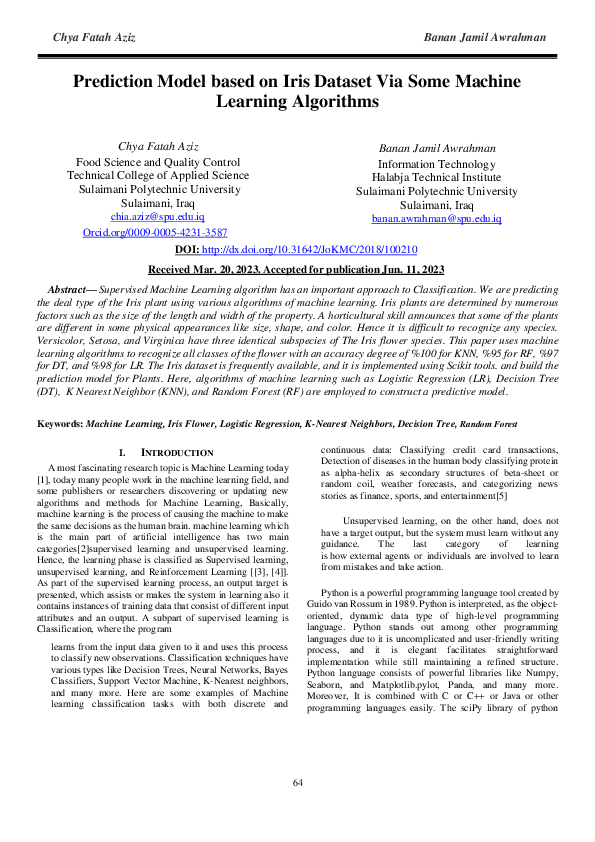 (PDF) Prediction Model based on Iris Dataset Via Some Machine Learning ...