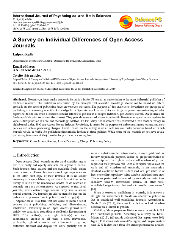 (PDF) A Survey on Individual Differences of Open Access Journals