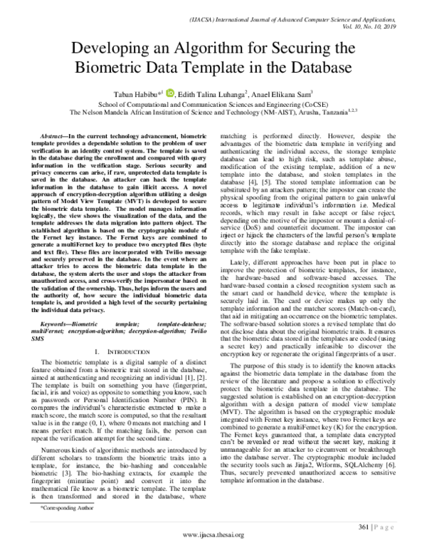 (PDF) Developing an Algorithm for Securing the Biometric Data Template ...