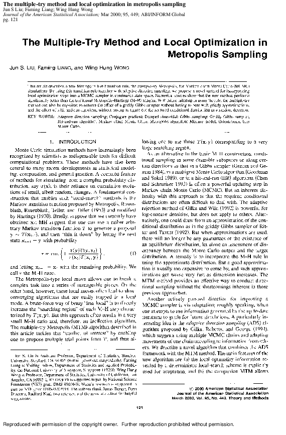 (PDF) The Multiple-Try Method and Local Optimization in Metropolis Sampling