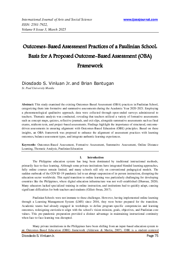 (PDF) Outcomes-Based Assessment Practices of a Paulinian School: Basis ...