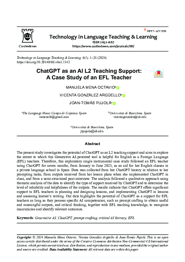 (PDF) ChatGPT as an AI L2 teaching support: A case study of an EFL teacher