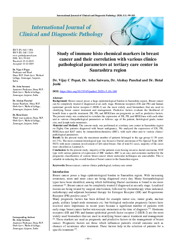 (PDF) Study of immune histo chemical markers in breast cancer and their ...