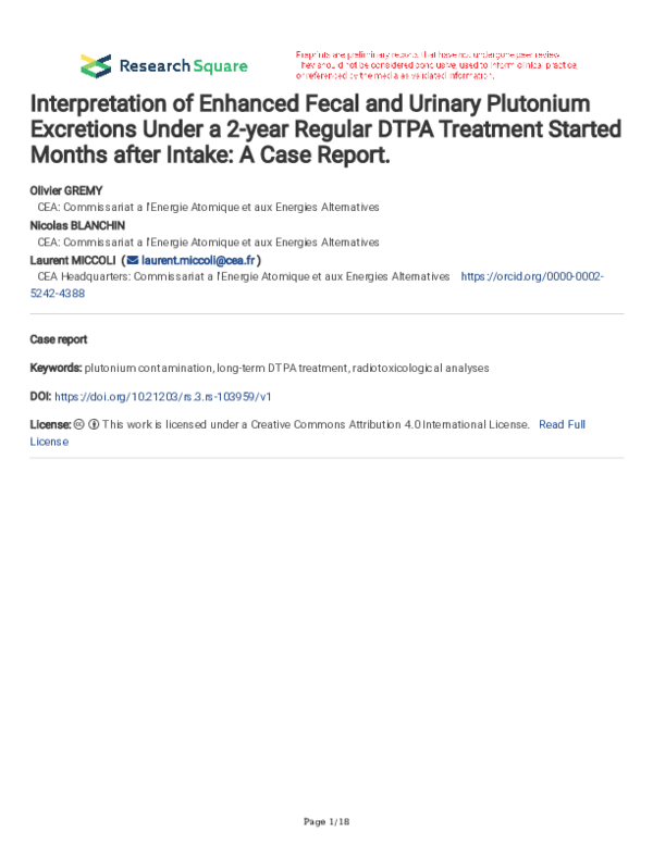 (PDF) Interpretation of Enhanced Fecal and Urinary Plutonium Excretions ...