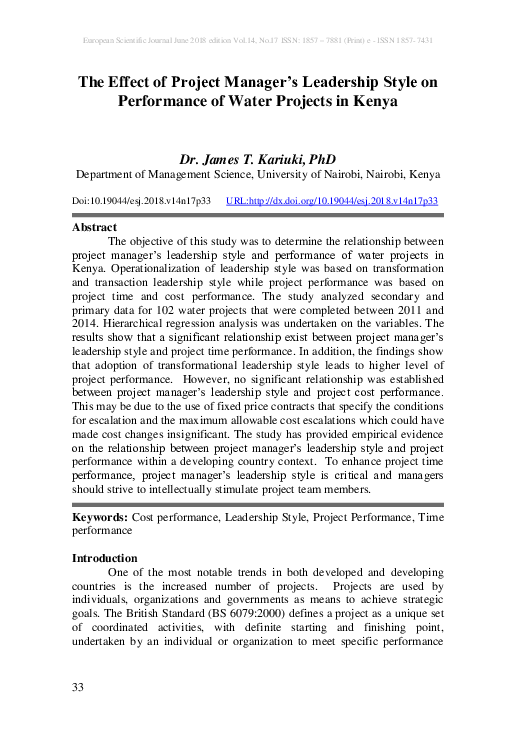 (PDF) The Effect of Project Manager’s Leadership Style on Performance ...