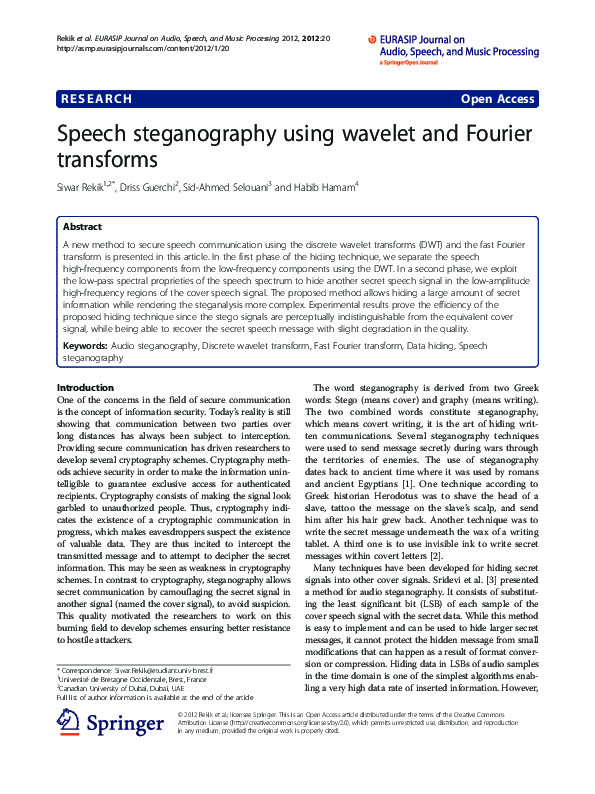 (PDF) Speech steganography using wavelet and Fourier transforms