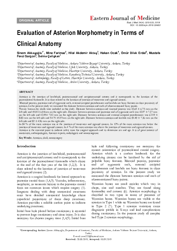(PDF) Evaluation of Asterion Morphometry in Terms of Clinical Anatomy
