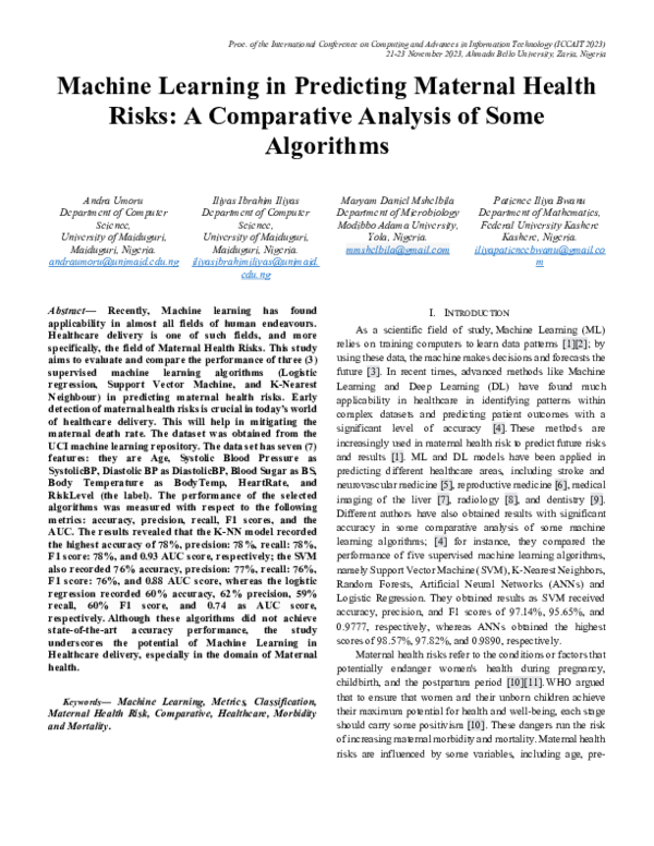 (PDF) Machine Learning in Predicting Maternal Health Risks: A ...