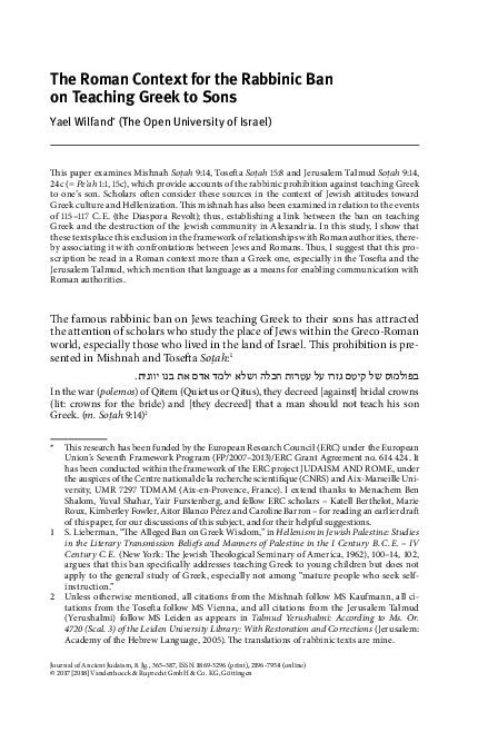(PDF) The Roman Context for the Rabbinic Ban on Teaching Greek to Sons