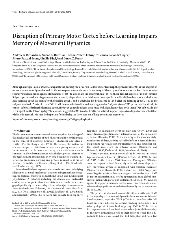 (PDF) Disruption of Primary Motor Cortex before Learning Impairs Memory ...
