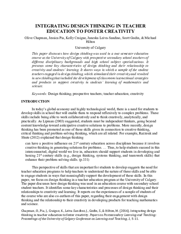 (PDF) Integrating Design Thinking in Teacher Education to Foster Creativity