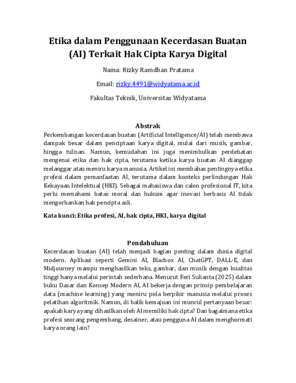 (PDF) Etika dalam Penggunaan Kecerdasan Buatan (AI) Terkait Hak Cipta ...