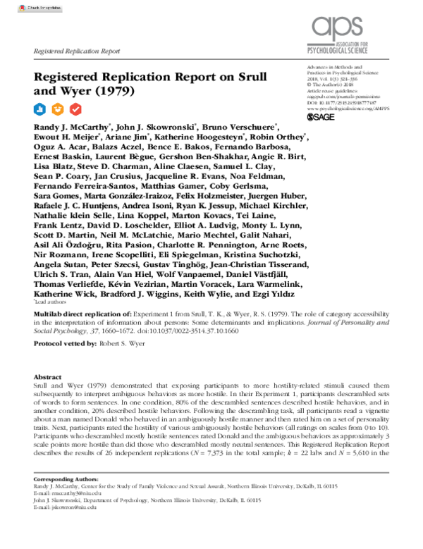 (PDF) Registered Replication Report on Srull and Wyer (1979)