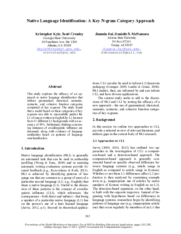 (PDF) Native Language Identification: A Key N-gram Category Approach