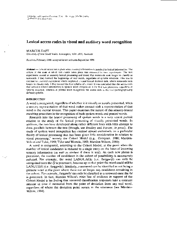 (PDF) Lexical access codes in visual and auditory word recognition