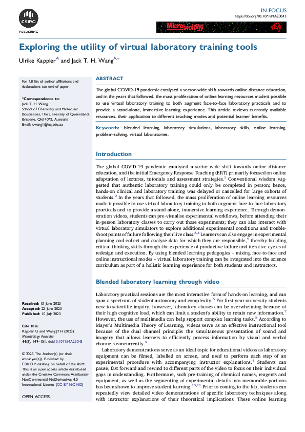 (PDF) Exploring the utility of virtual laboratory training tools