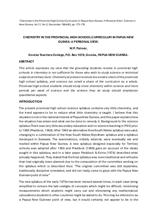 (PDF) CHEMISTRY IN THE PROVINCIAL HIGH SCHOOL CURRICULUM IN PAPUA NEW ...