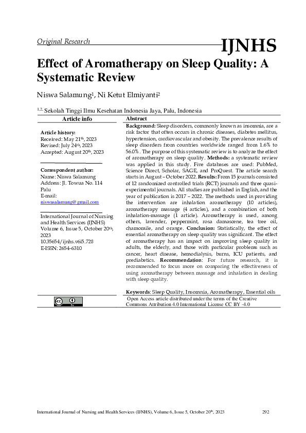 (PDF) Effect of Aromatherapy on Sleep Quality: A Systematic Review