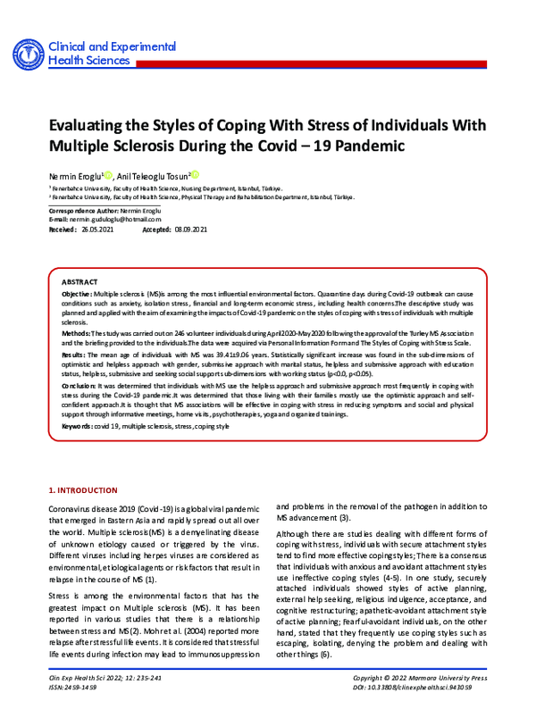 (PDF) Evaluating the Styles of Coping with Stress of Individuals with ...