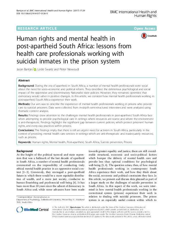 (PDF) Human rights and mental health in post-apartheid South Africa ...