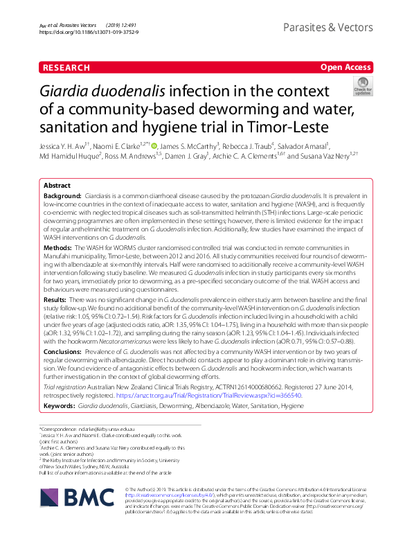 (PDF) Giardia duodenalis infection in the context of a community-based ...