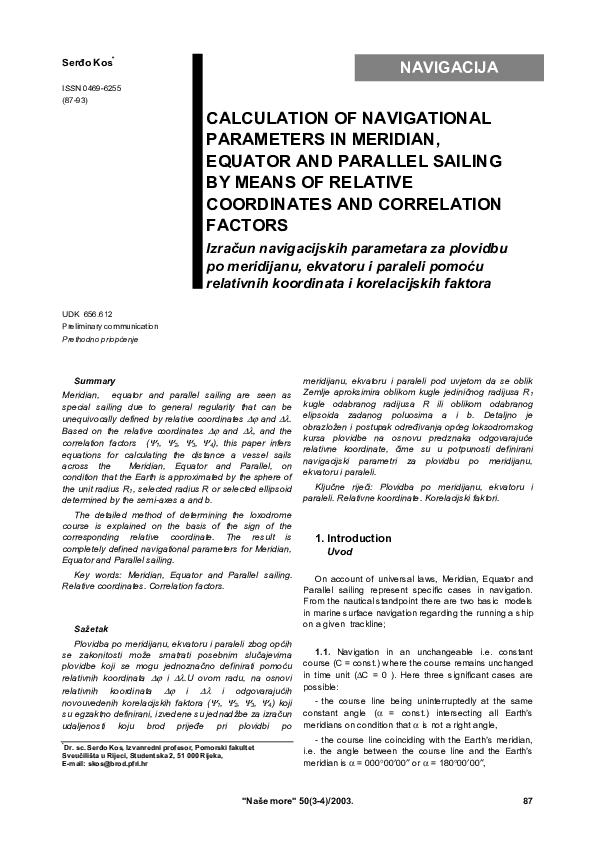 (PDF) Calculation of Navigational Parameters in Meridian, Equator and ...