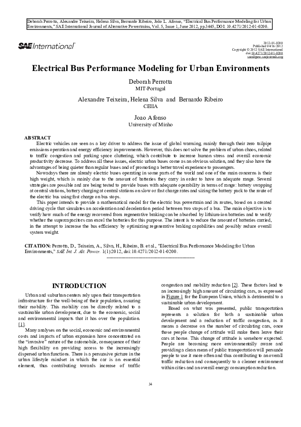 (PDF) Electrical Bus Performance Modeling for Urban Environments