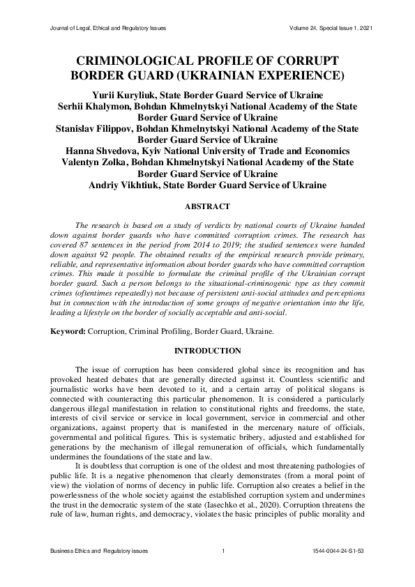 (PDF) Criminological Profile of Corrupt Border Guard (Ukrainian Experience)