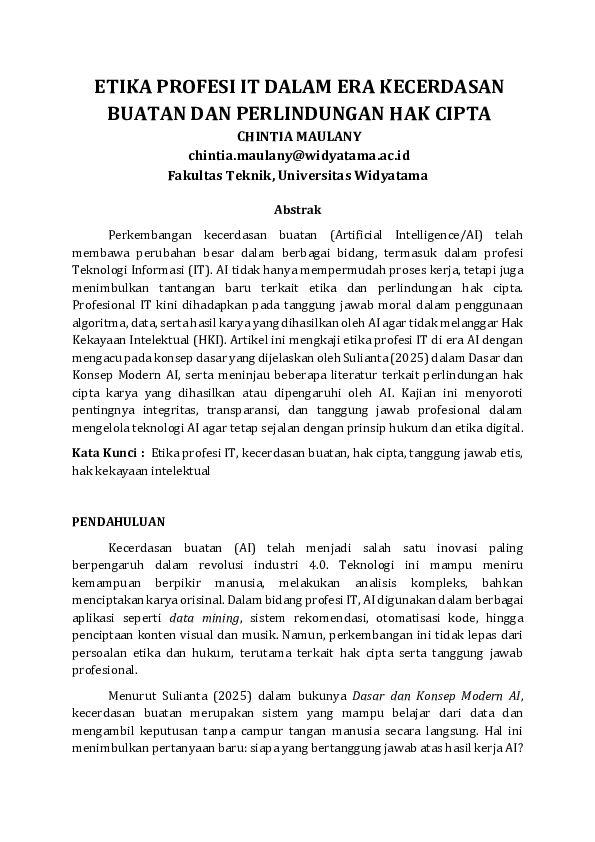 (PDF) ETIKA PROFESI IT DALAM ERA KECERDASAN BUATAN DAN PERLINDUNGAN HAK ...